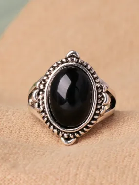 1 Anillo De Aleacion Chapado En Oro Antiguo Con Circonita Cubica En Forma De Elipse Negra, Disponibles En Multiples Colores