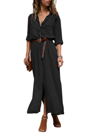 Black Collared Slit Maxi Shirt Dress