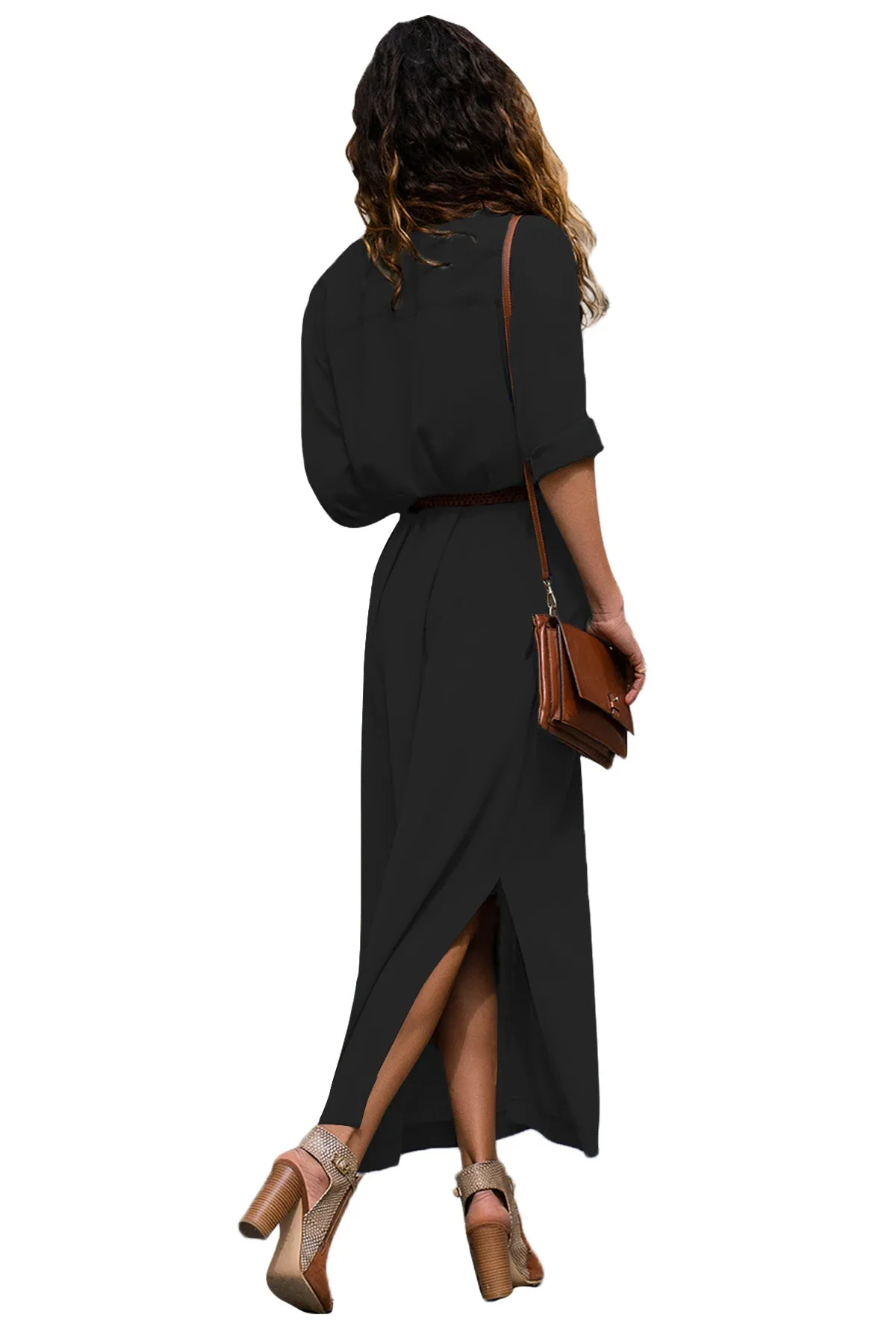 Black Collared Slit Maxi Shirt Dress