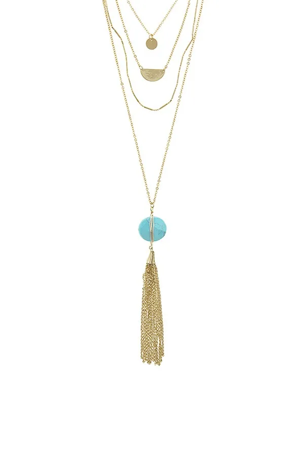 Chain tassel wire wrapped semi precious stone necklace